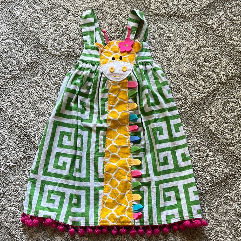 Mud Pie Green and White Dress with Giraffe Design 5T